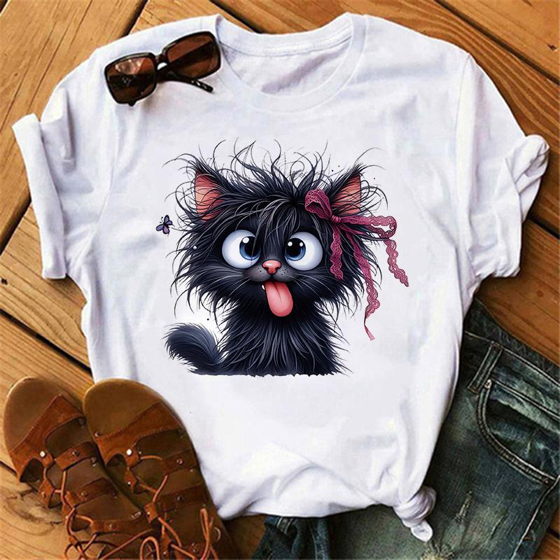 T Shirt Funny Vintage Black Sarcastic Cat with Red Bow Graphic Print Round Neck Summer T-shirt Girls Female