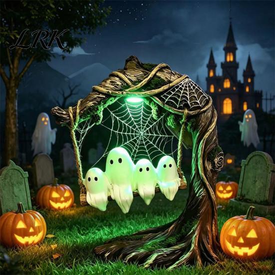Creative Holiday Gift for Home Glowing Ghost On Swing Resin Yard Decor, Weatherproof Halloween Outdoor Garden Ornament with Gothic Style Ornaments