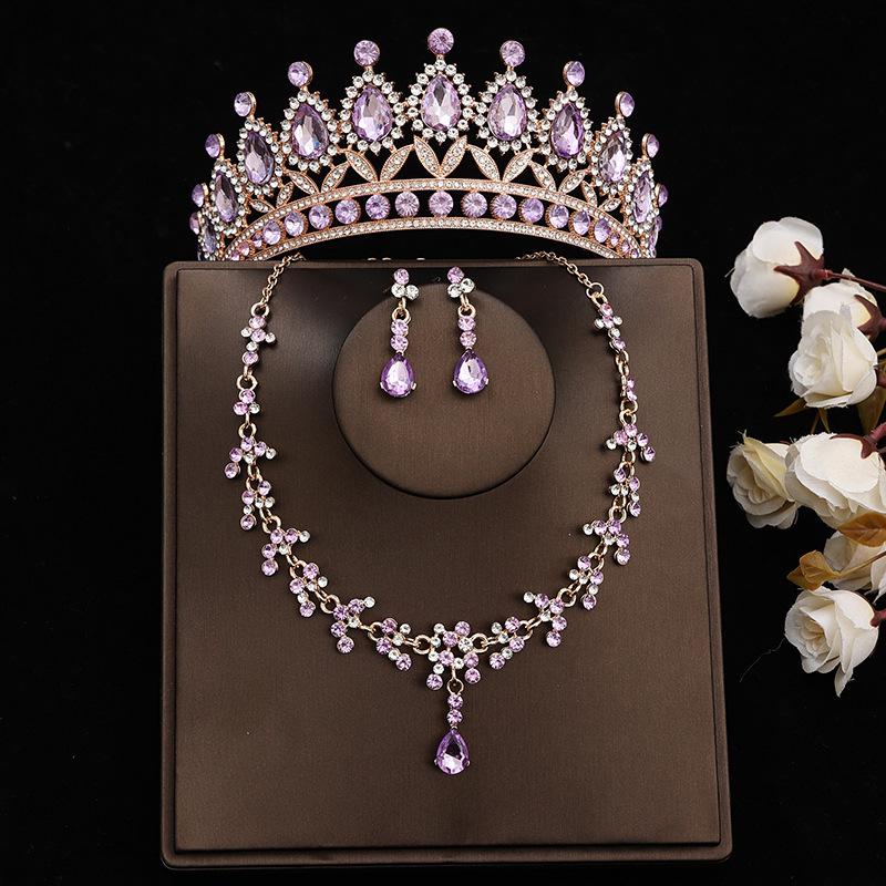 DIEZI Princess Bridal Rose Red Crystal Crown Tiara Women Girls Wedding Party Rhinestone Tiaras Necklace Earrings Jewelry Sets
