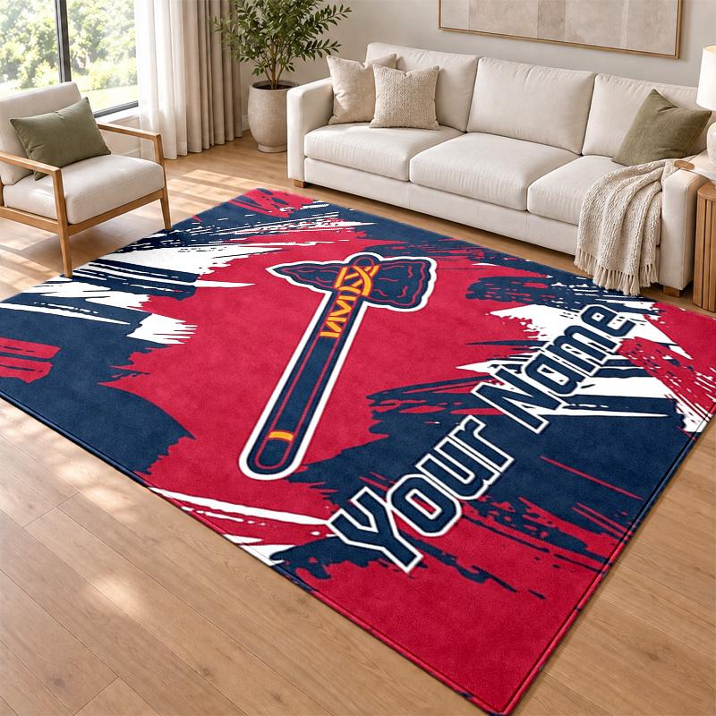 Atlanta Braves Custom Name Personalized Rug Non‑Slip Doormat Floor Carpet Housewarming Birthday Gift for Family Friends