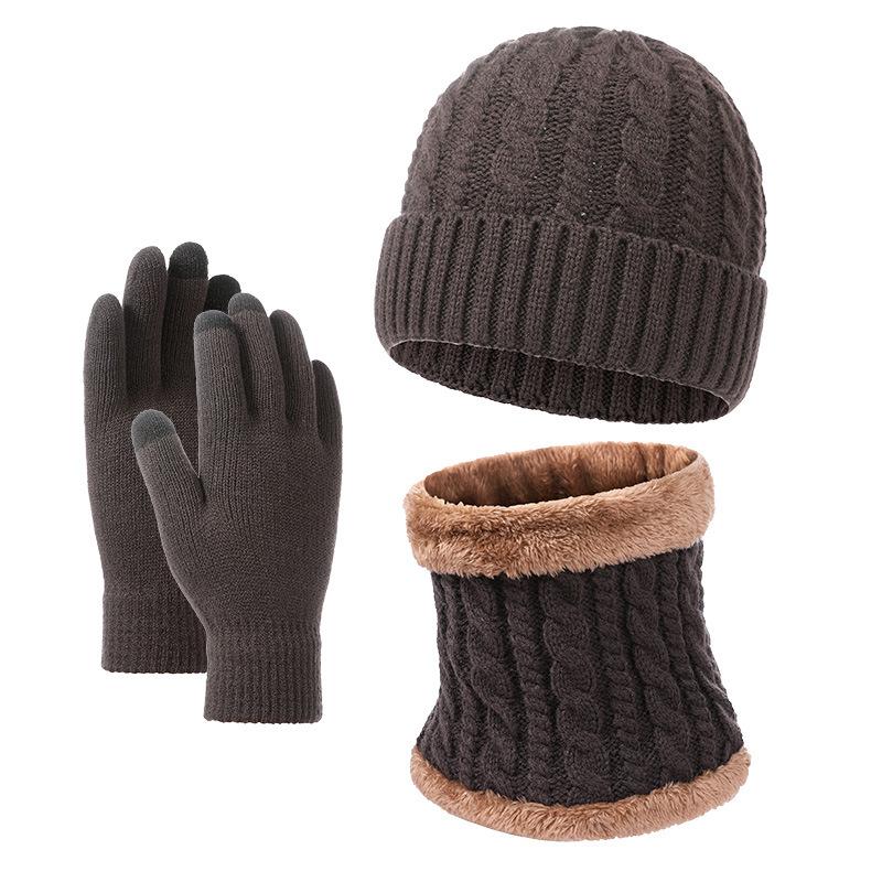 

Осенне-зимние теплые шапки мужские и женские флисовые вязаные шапки из новой шерсти шарфы и перчатки набор из трех предметов темно-коричневого