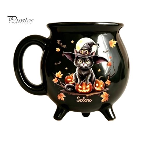 Kaffee Milch Heiße Schokolade Tasse Halloween Hexe Kessel Tasse, 350ml Vintage Gotisch Dreibeiniger Zaubertopf, Tasse für Schwarze Katze Keramik Haus Und Büro Dekoration Drei