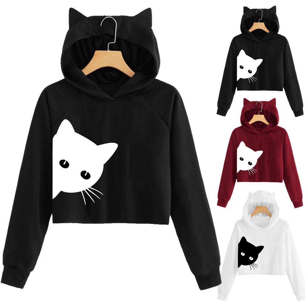 Buy Womens Cat Print Hoodie Sweatshirt Hooded Pullover Tops Blouse at