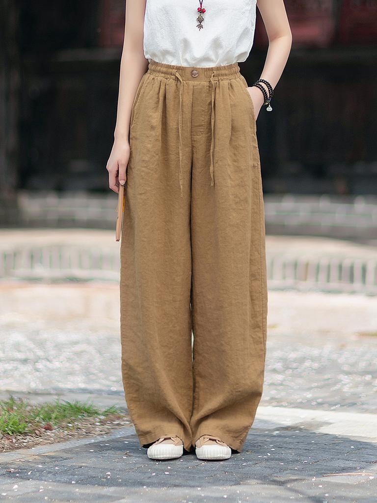 Johnature Women Vintage Straight Pants Summer Chinese Style Solid Color Loose Trousers Elastic Waist Pants
