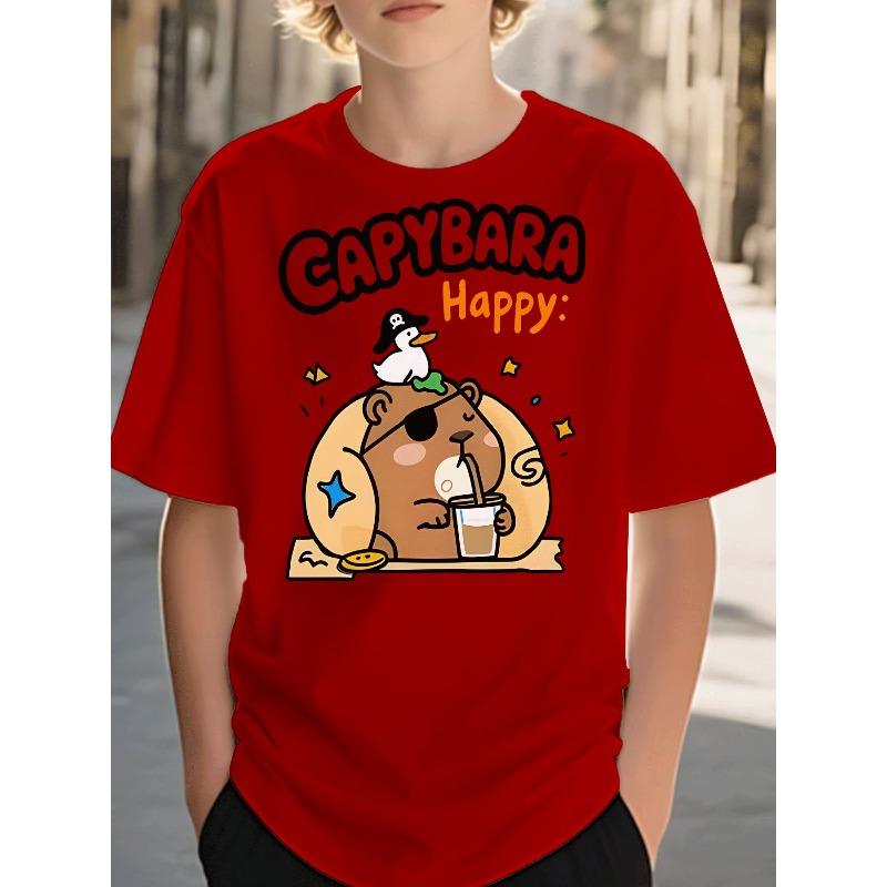 Boys Pirate Capybara Duck Bubble Tea Star Print Crewneck Tee, Casual Daily Holiday Gift