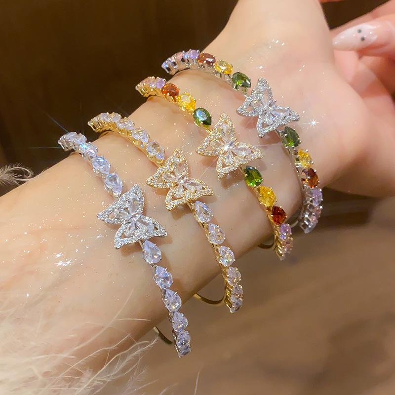 Korean-Style Zircon Butterfly Teardrop Open Bangle: Exquisite Light Luxury Women's Bracelet