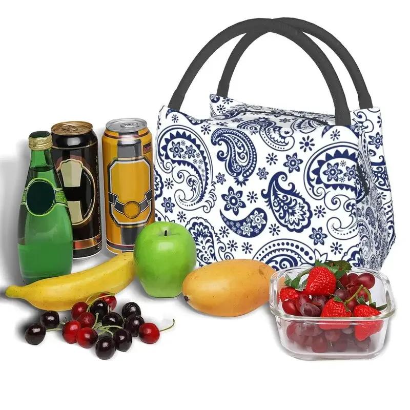 Niebiesko-biała izolowana torba na lunch w stylu vintage paisley dla kobiet, szczelna, z wzorem kwiatów, chłodząca, termiczna torba na lunch