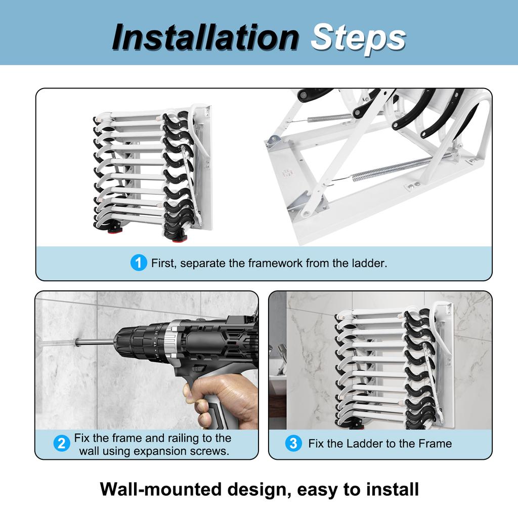 Wall-Mounted Telescopic Stairs W/ Handrails Folding Attic Stairs Retractable Loft Ladder for Indoor Outdoor/Storehouse/Basement