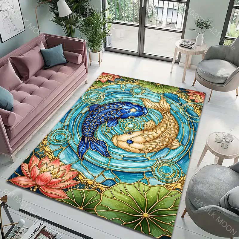 Multiple sizes Koi pond with lotus pattern Carpet for Living Room Bedroom Sofa Home Decor Rug Non-slip Floor Mat Luxury Gift