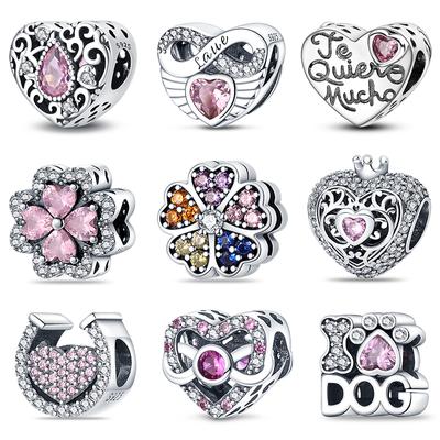 925 Silver Color Four Leaf Clover Pink Zircon Heart Shaped Charms Beads Fit Diy 925 Original Bracelets Fine DIY Jewelry Make