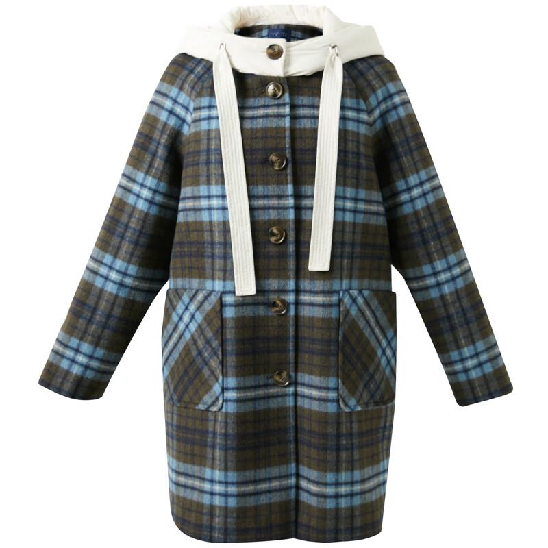Sancai Women's Plus Size Hooded Plaid Faux Two-Piece Down & Wool Coat
