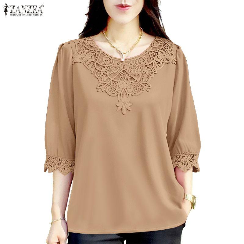 ZANZEA Women Crochet Patchwork Round Neck Casual Half Sleeve Blouse