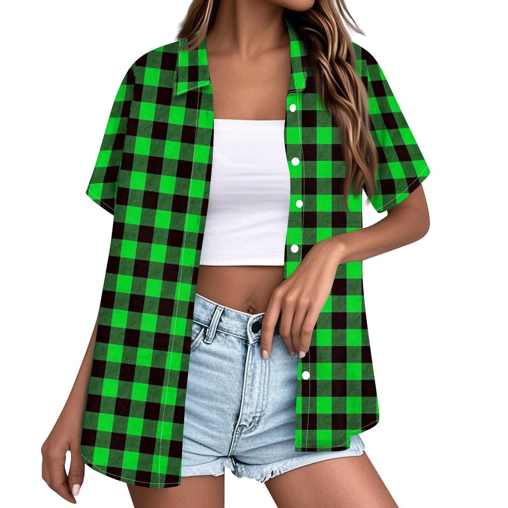 Women's Short Sleeve Button Down Shirt Loose Fit Casual Collared Blouse Summer Top