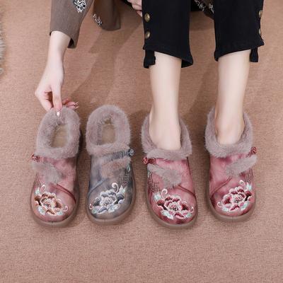 Damen Übergröße Bestickt Weiche Sohle Winter Warm Fell Eins Schneestiefel Gepolstert Gefüttert Stiefeletten Rutschfest Wandern Sport Baumwollstiefel