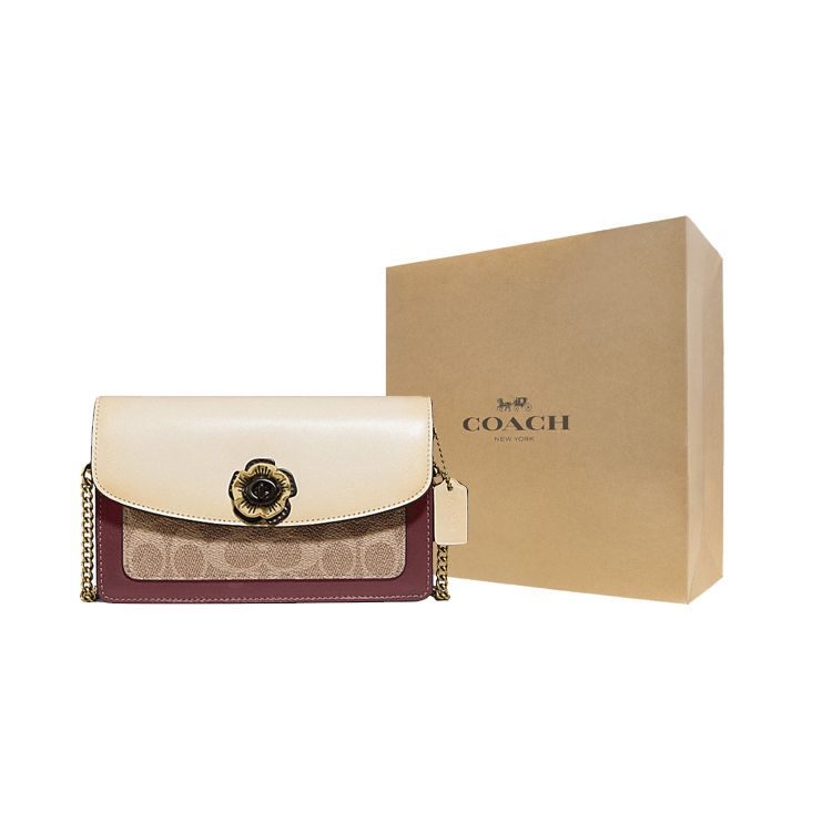 Coach Parker 18 Camellia Turnlock Color Block Signature Print Coated Canvas And Leather Chain Shoulder Bag Women Shoulder Bag 1680-B4QVB