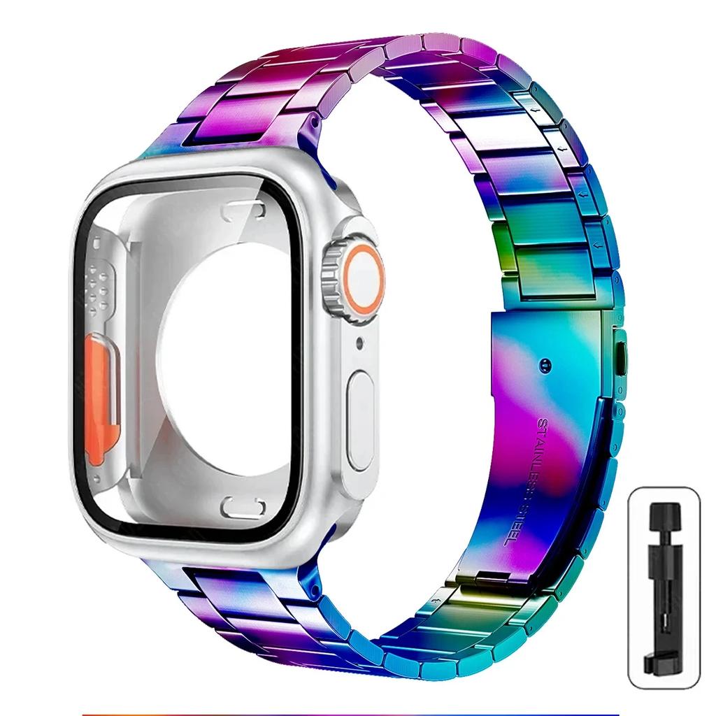 Strap+Case for Apple Watch Band 46mm 42mm 45 41 40 44mm Stainless Steel Bracelet  PC Cover for Iwatch Series11 10 9 8 7 6 SE 5 4