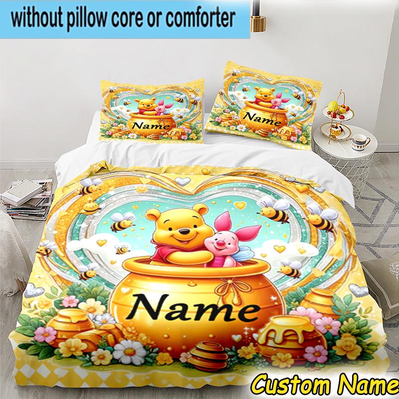 3PCS Custom Name Cartoon bear Bedding Set Printed Duvet Cover Closure Includes 1 Duvet Cover & 2 Pillowcases for All Seasons Bedroom Decor