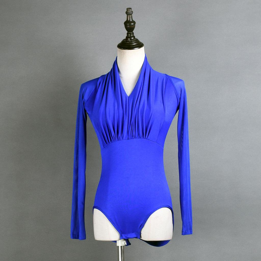 Women's Latin Dance Bodysuit - Mesh Sleeves, Ruffled Bust, Patchwork Skirt
