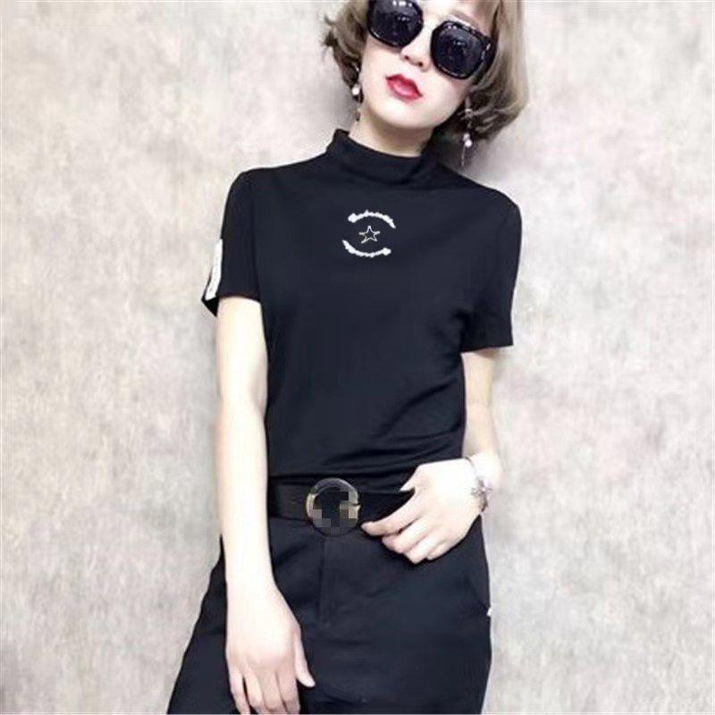 

European Station Stand-up Collar Slim Fit Fashion White Short Sleeve T-Shirt Black 2XL
