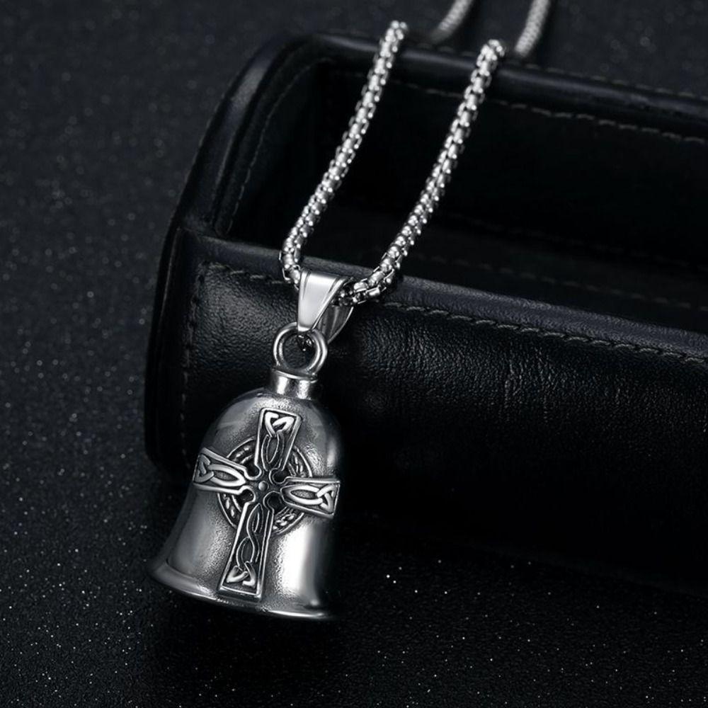 Nordic Style Lucky Bell Necklace Religious Biker Good Luck Charm Viking Cross Bell Necklace