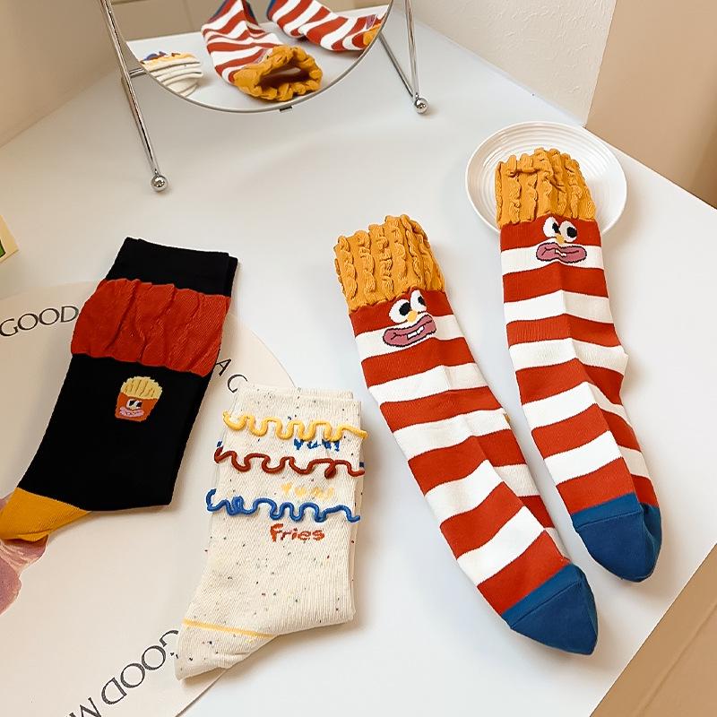 Women's French Fries Mid-Calf Socks - Cute Korean Style, Funny Personality, Pure Cotton, Internet Celebrity Trend