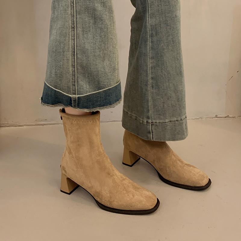 Женские ботильоны нового стиля на квадратном каблуке ботинки на платформе женская сексуальная обувь на высоком каблуке зимние повседневные модные ботинки обувь для женщин 35 абрикосовый 3690₽
