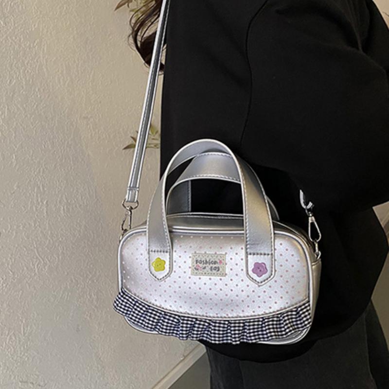 Mini- Bowlingtasche mit Pünktchenmuster und Vichy-Rüschenbesatz Niedliche Blumenverzierung Vielseitiger oberer Griff und Umhängetasche Süße Tasche für Pendler