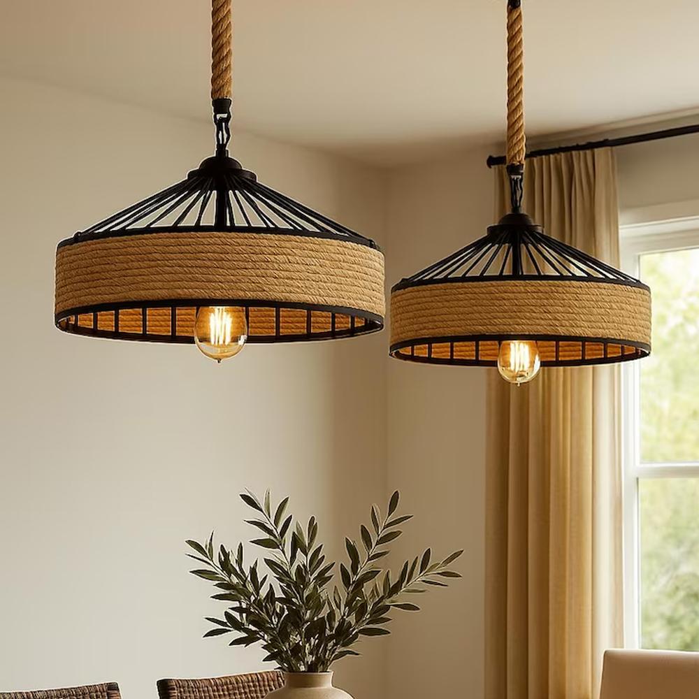 Hemp Rope Chandelier Vintage LED Pendant Light Reaturant Hanging Lamp Retro Lampshade for Living Room Home Decor