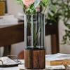 Mid-Century Style High-End Glass Vase with Wood Base for Fresh Flowers, Large Caliber Hydroponic Ornament, Free Shipping.