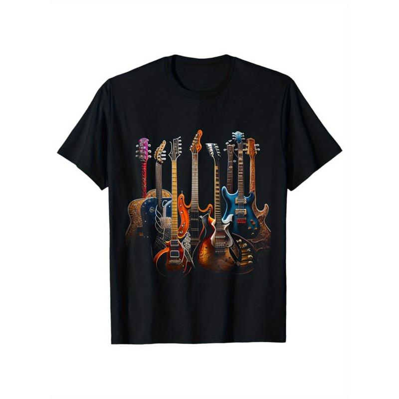 Men's Guitar Graphic Cotton T-Shirt - Casual Short Sleeve Crew Neck, Lightweight & Breathable, Perfect for Outdoor Activities & Music Lovers