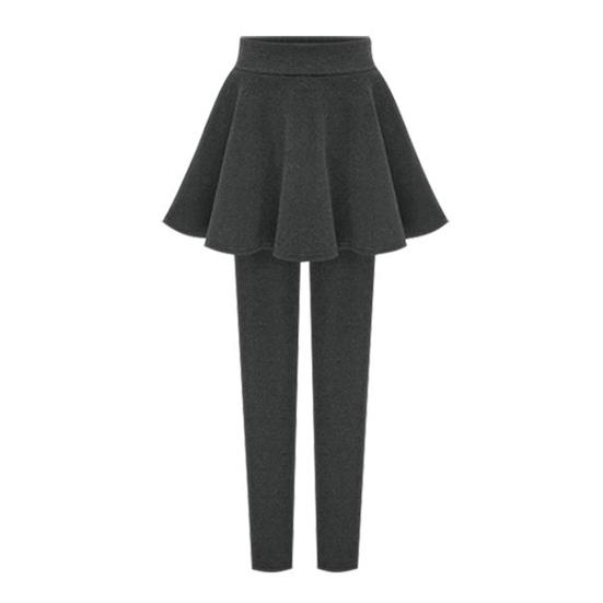 Women Winter Culottes Pants Solid Color High Waist Pleated Skirt Pants Fake Two Piece Leggings-Skirt Combo
