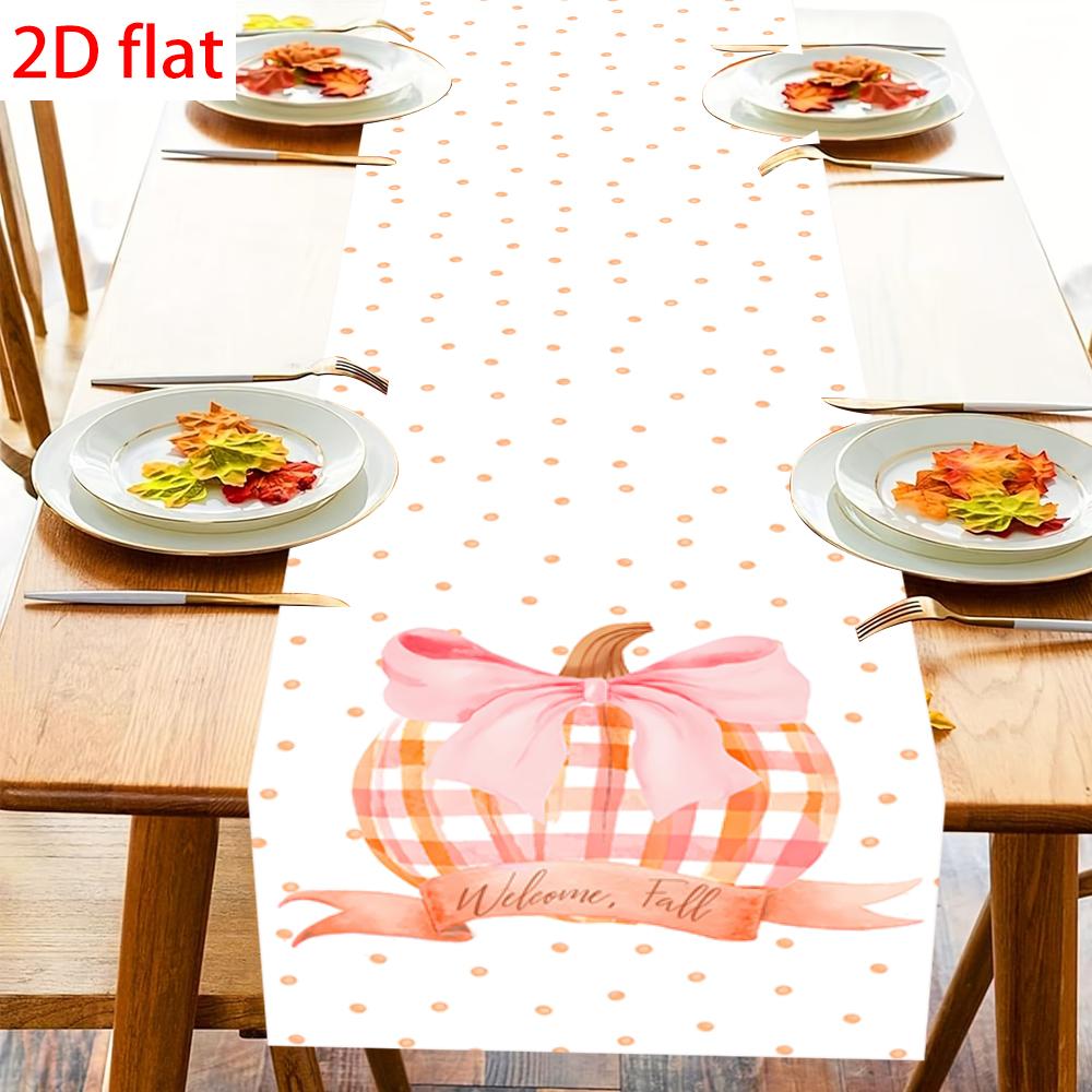 Watercolor Plaid Pumpkin Table Runner Pink Bow Welcome Fall Dot Table Decor Harvest Thanksgiving Halloween Dining Kitchen