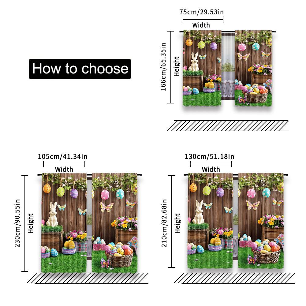 Set Of 2 Rustic Spring Easter Day Curtain Egg Rabbit Flower Butterfly Window Drapes Party Decoration Made Polyester