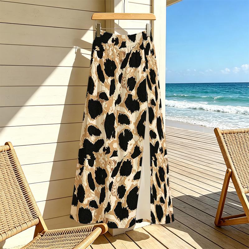 Leopard Print Flowy Slit Skirt, Soft Comfortable Versatile for Beach Vacations & Date Nights
