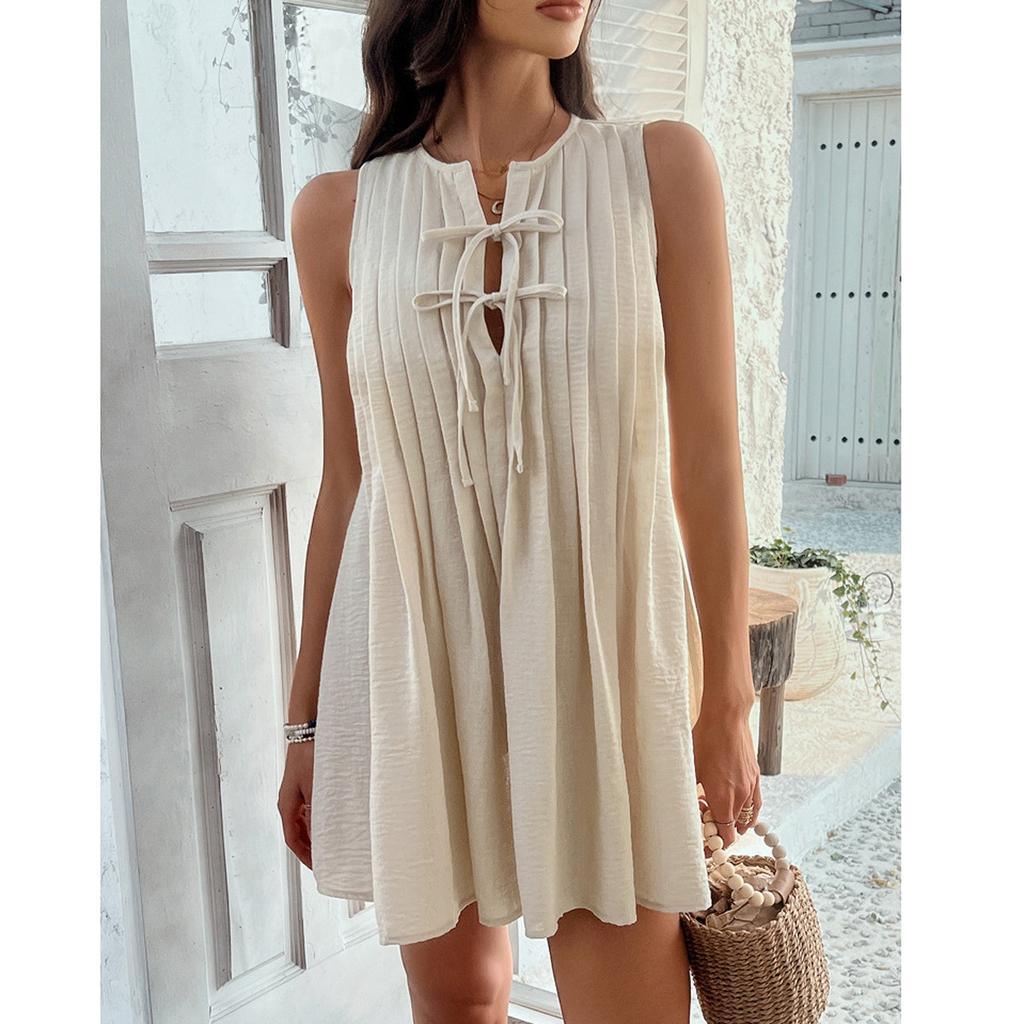 Women's Casual Loose Solid Color Pleated Sleeveless Jumpsuit Dress Pleated Sleeveless Jumpsuit Dress