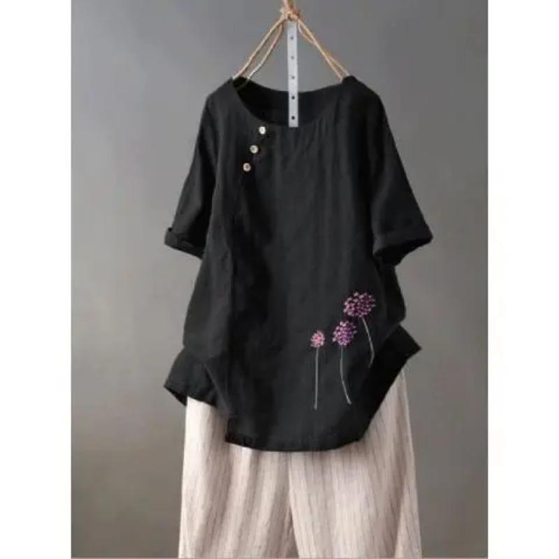 Camicia Taglia Grande Estate Taglie Forti Abbigliamento Donna Ampia, Stile Occidentale Riducente dell'Età Cotone e Lino Ricami Casual T-shirt Top a Media Lunghezza