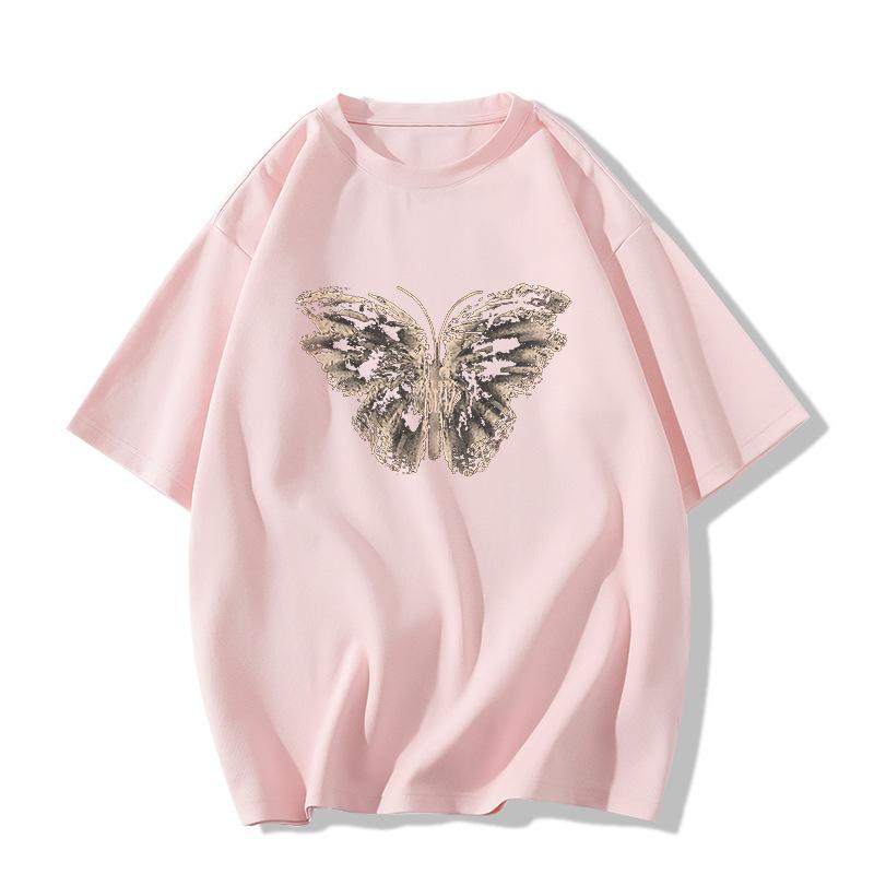 Ladies Summer Short Sleeve Round Collar Casual Teenager Pullover Oversize Butterfly Printed Cotton T Shirt Top