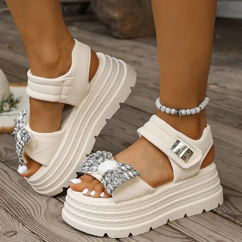 Fashion Bowtie Shiny Crystal Decor Flat Sandals Women Summer Thick Sole Chunky Platform Sandals Woman's Comfort Non Slip Beach Sandals