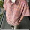 Men's Casual Loose Fit Short Sleeve Shirt Rainbow Gradient Plaid Texture Breathable Lapel Button Down Summer Streetwear Top