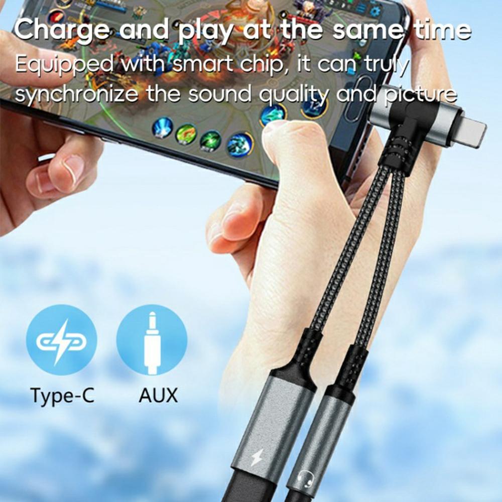 8 Pin/Type-C To Type-C+3.5mm Audio Converter Nylon Braided Cable Support 10W Fast Charging