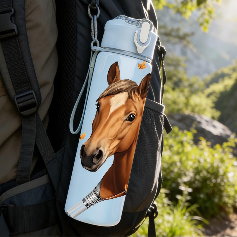 1PC Horse Head With Feather Decoration Print 750ml Color Plastic Sports Water Bottle Leakproof Flip Straw Lid Suitable for Sports Office Home Use