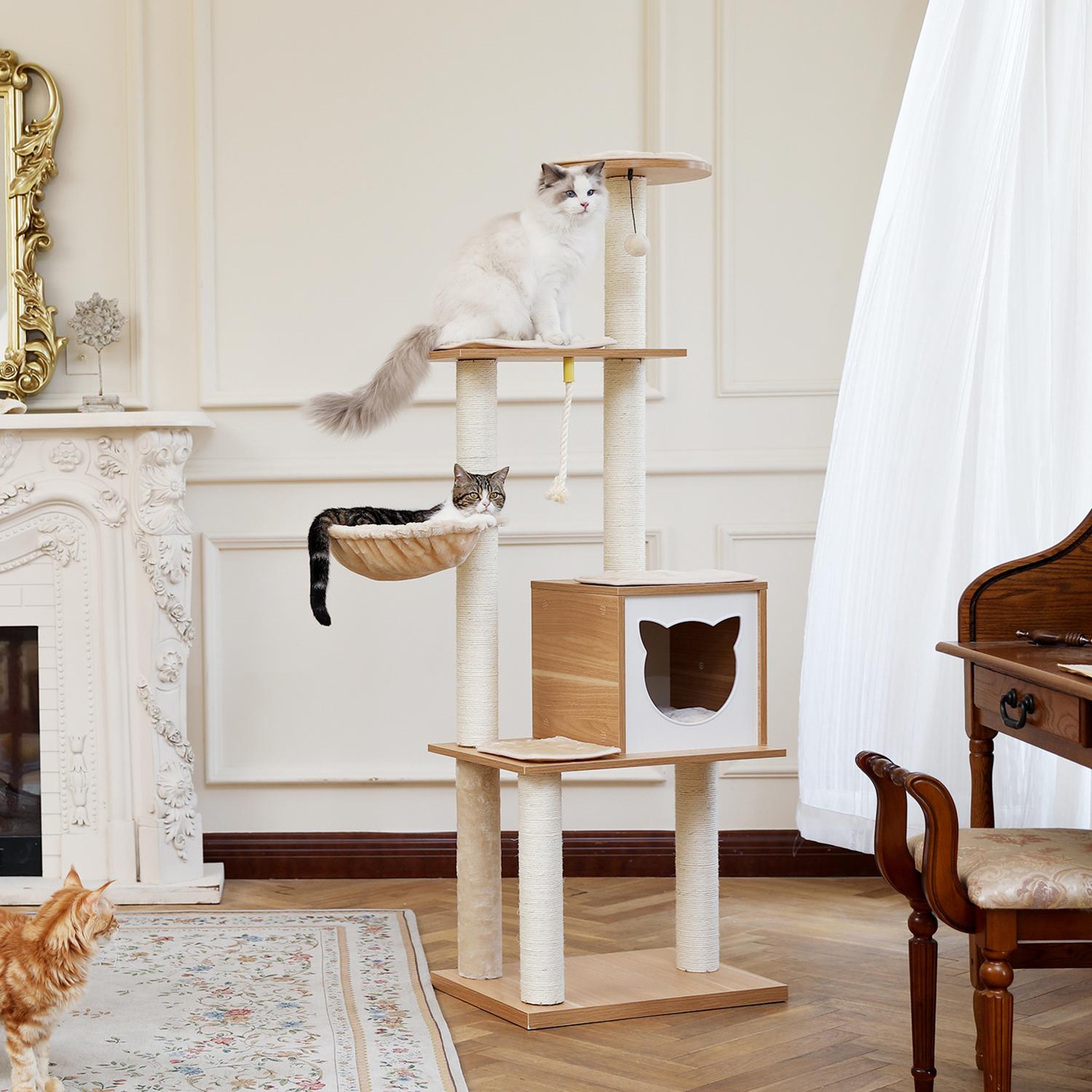 Modern Wooden Multi-level Cat Tree House Cat Scratching Tree