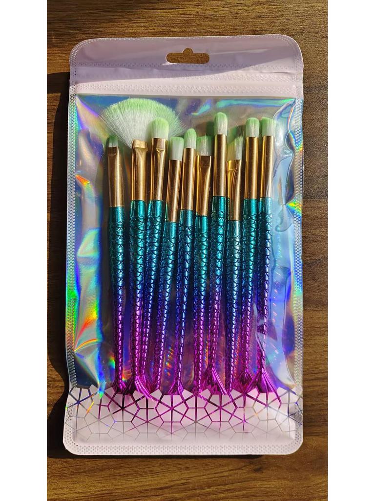 Mermaid Makeup Brush Set: 10-Piece Collection for Eyeshadow, Powder, Highlighter & Blush