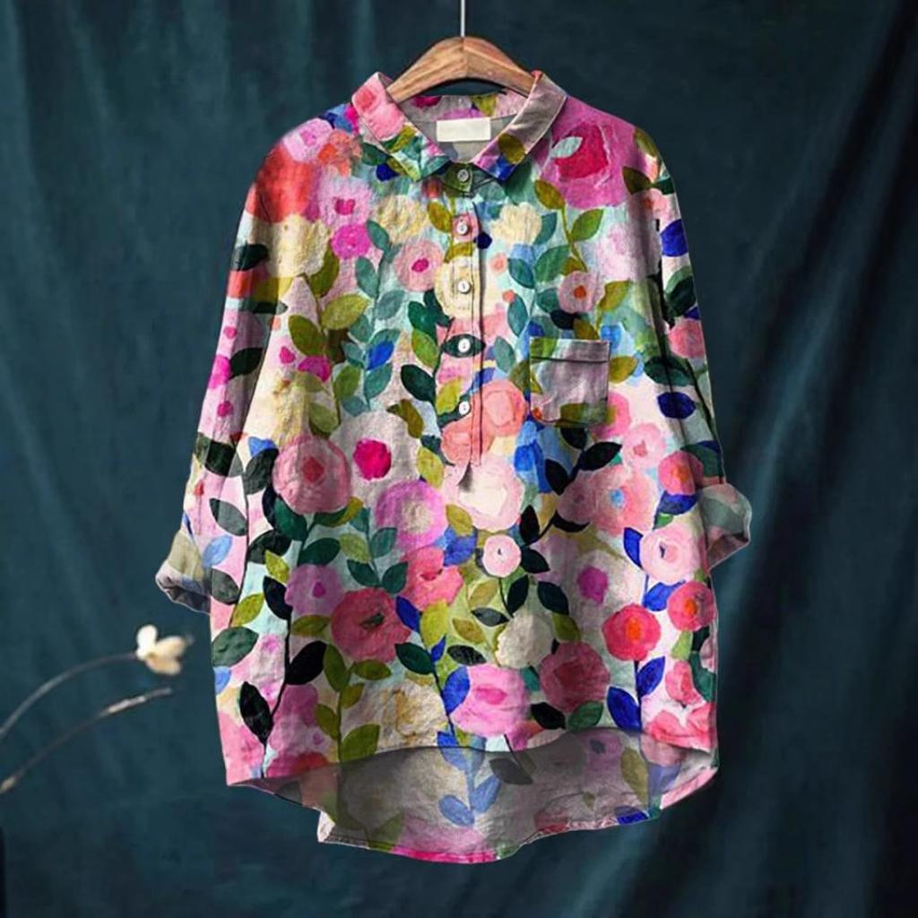 Tier Blumenmuster Bedruckte Hemden Hawaii Polyester Freizeit Langärmlig Damenblusen & Hemden