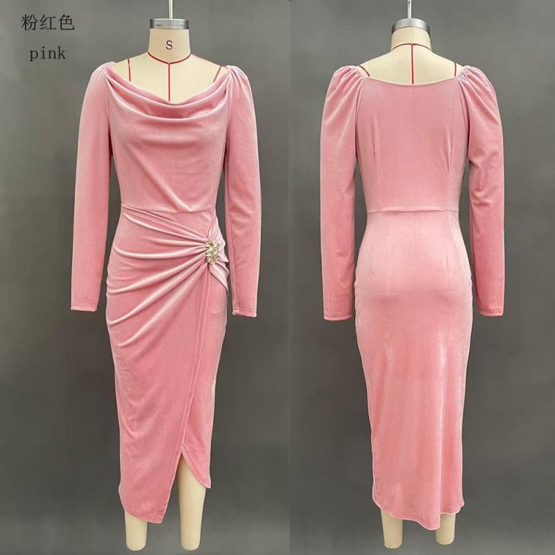 Womens Sexy Long Sleeve Slim Fit Pleated Maxi Dress Velvet Bodycon Split Party