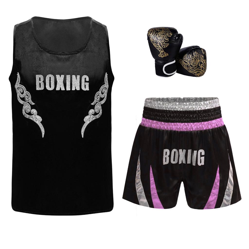 Muay Thai Gym Tops Kids Boxing Vest Boys Martial Arts Outfit Tank Top with Boxer Shorts Fight Grappling Costume Boxer Gloves