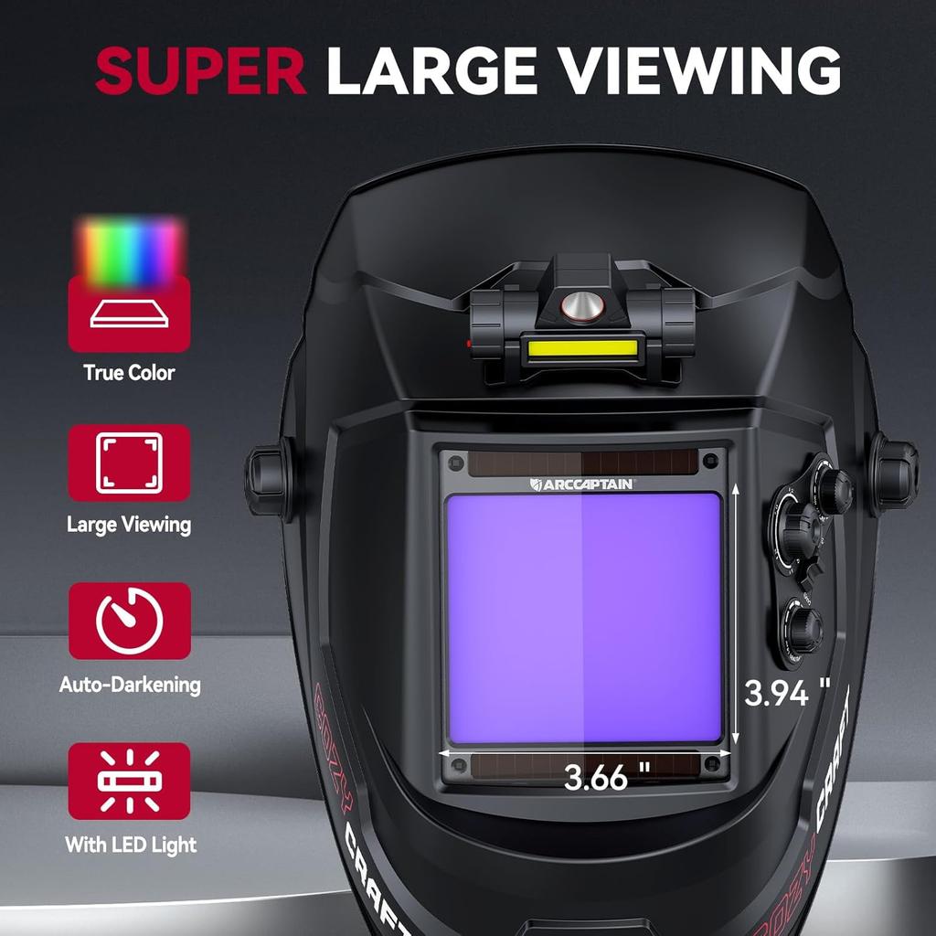 Welding Helmet Auto Darkening, 3.94"X3.66" Large Viewing Screen True Color Welding Hood with 4 Arc Sensor Solar Powered for Men