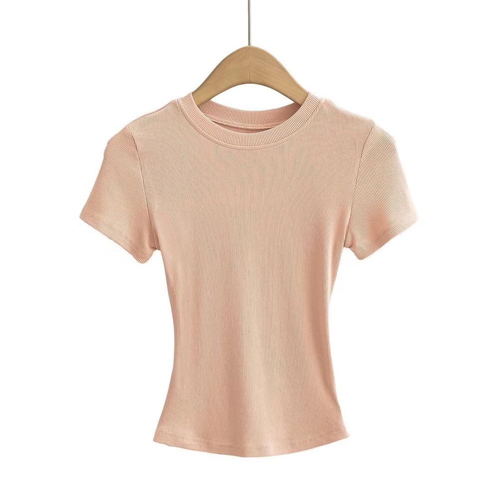 Trendy Women's Ribbed Slim Fit Short Sleeve T-Shirt with Sexy Round Neck and Straight Shoulders.