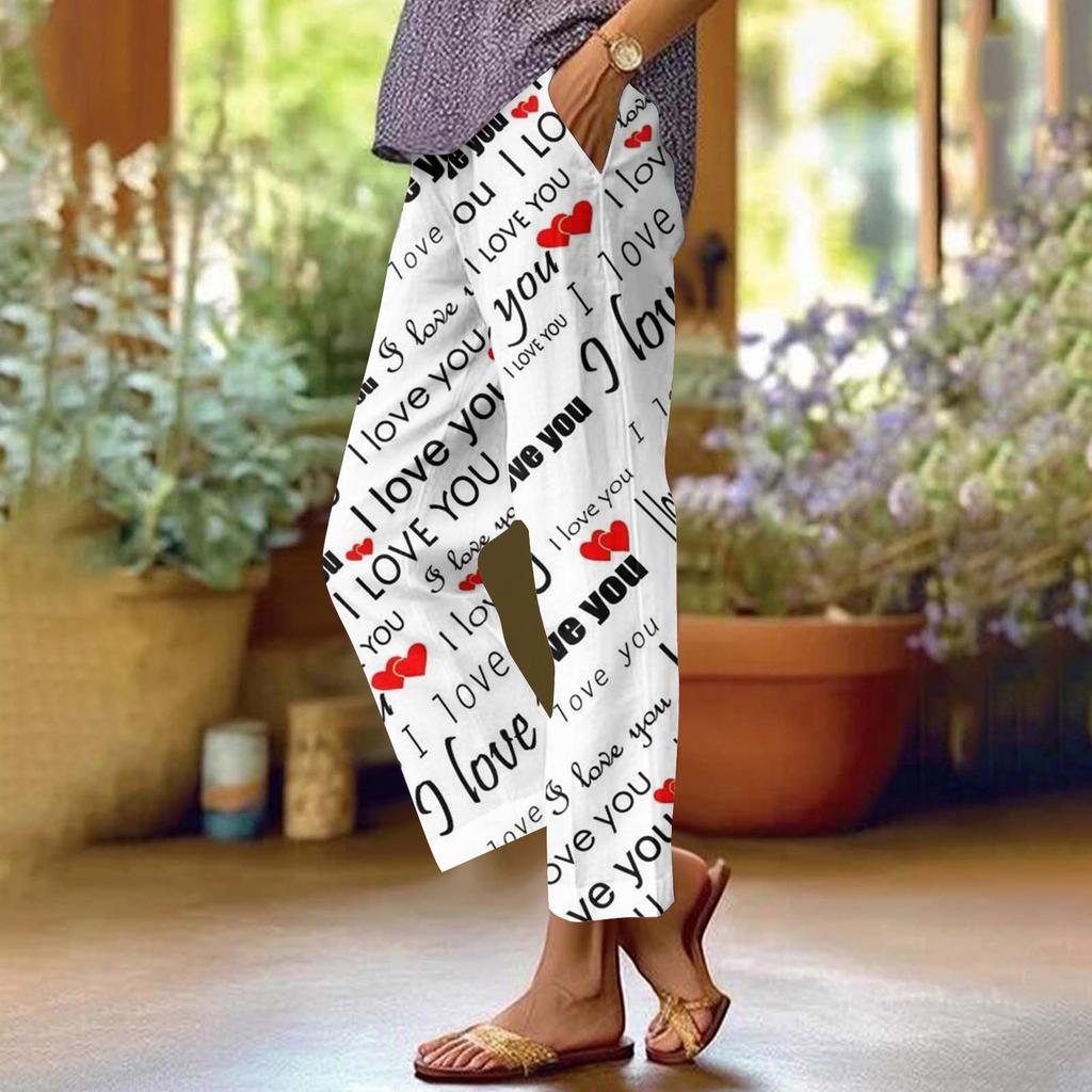 Damenhose aus Baumwollleinen, bedruckt, Sommerhose mit weitem Bein, lässig, locker, Kordelzug, hohe Taille, Palazzo-Hose mit Taschen
