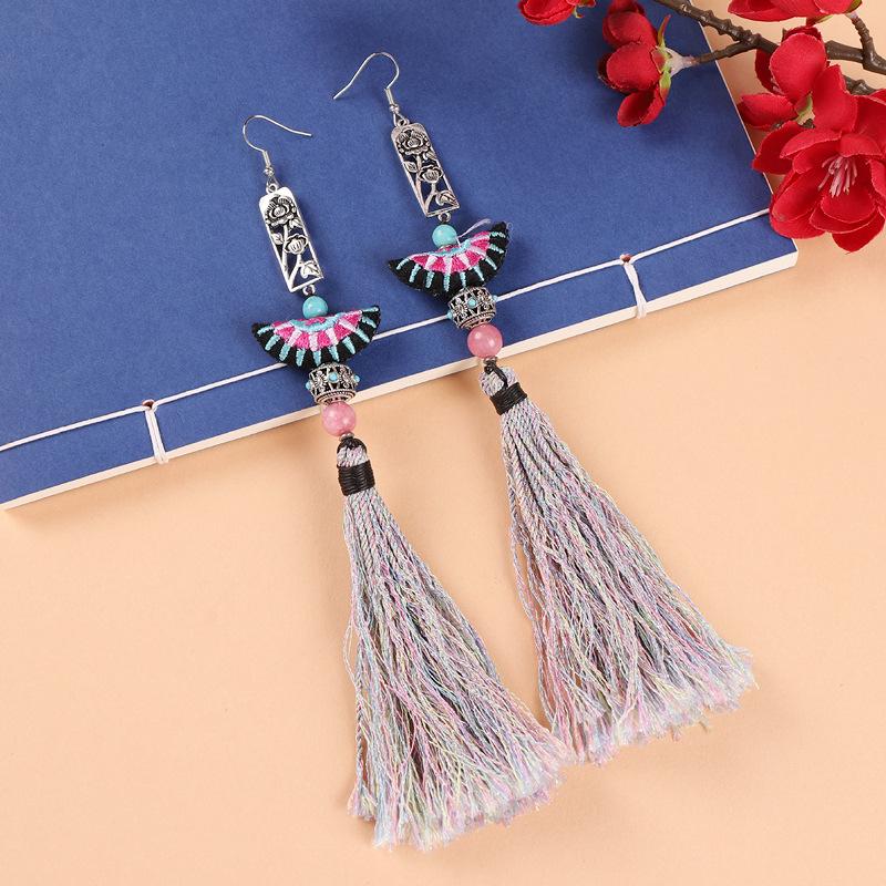 

Нишевый дизайн вышитые тканевые серьги женщины Мяо длинная кисточка китайские ретро литературные серьги ручной работы